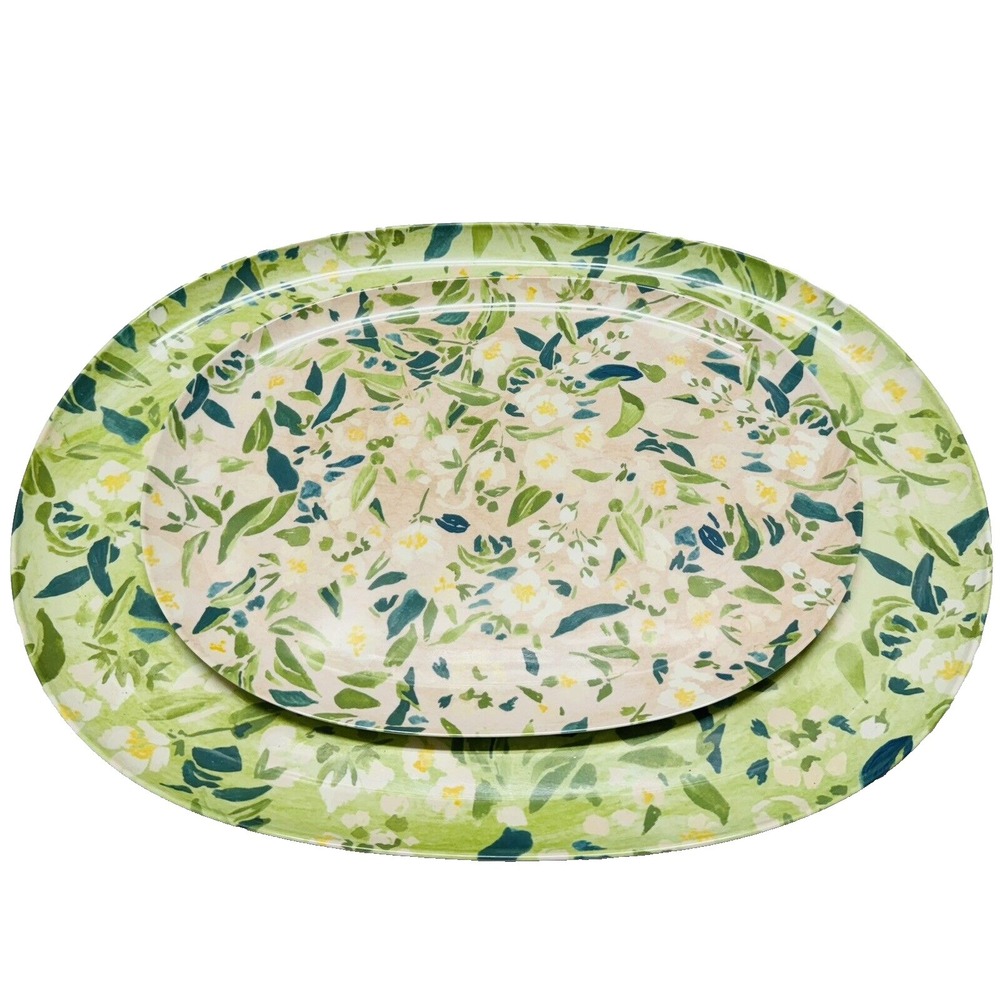 Pier 1 Imports Melamine Set of‎ 2 Serving Platters Tray Blues Greens Floral